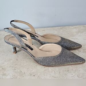 Lafayette 148 Slingback Kitten Heel Sandals Metallic Leather Shoes 8M 38 Italy